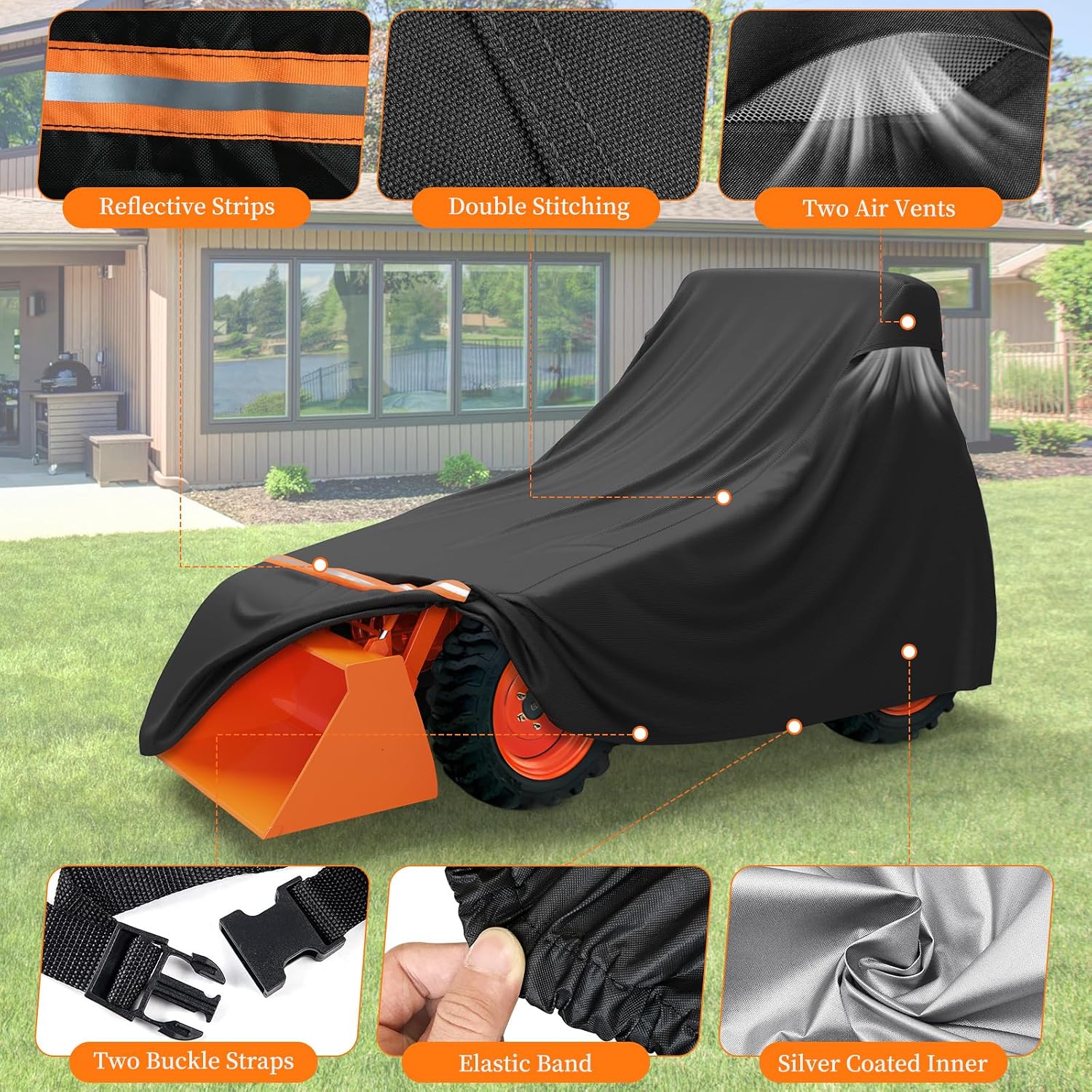 STARTWO Full Tractor Cover Waterproof Heavy Duty, Universal Fits Most Compact Utility Tractors, UV Protection, Dustproof, with Air Vents & Reflective Strips,149 L x 76 W x 86 H in