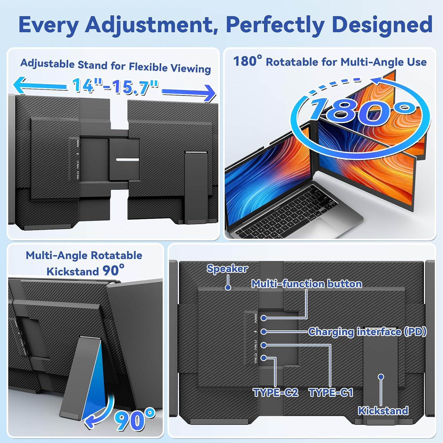 domyfan 15.6' Laptop Screen Extender, Triple Portable Monitor with Ultra-Thin FHD 1080P IPS Display for 13-17' Laptop, Plug & Play via HDMI/USB-A/Type-C, Compatible with Mac/Windows/Android