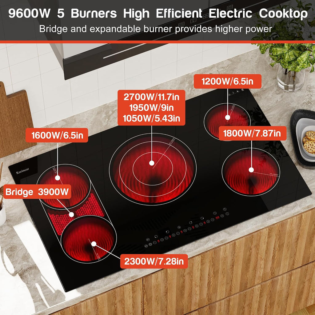 Karinear 36 Inch Electric Cooktop, 5 Burners Electric Stove Top, Flexible Bridge &Triple Ring Expandable Burners, Pause, Timer, Child Safety Lock, 9600W Built-in Ceramic Cooktop for 220-240V Hard Wire