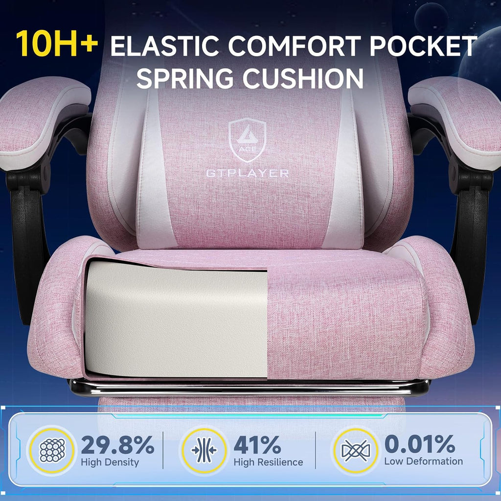 GTPLAYER Gaming Chair, Video Game Chairs with Footrest and Lumbar Support, Computer Chair for Adults with Extended Backrest, Ergonomic Reclining Silla Gamer, Linen Fabric, Pink