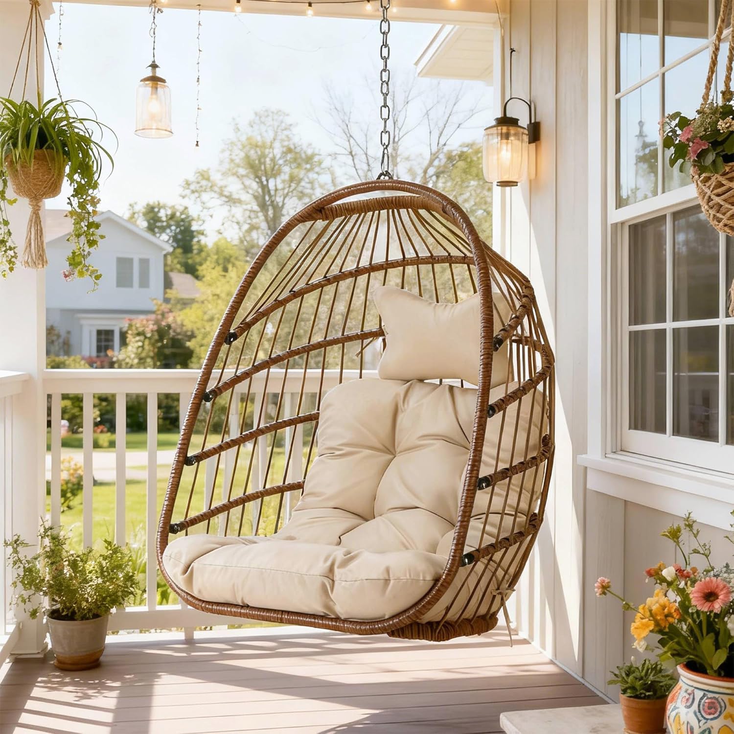 Nicesoul Outdoor Hanging Egg Chair Without Stand, Patio Wicker Swing Egg Basket Chairs with Padded Cushions, 350 Lbs Ceiling Tree Swinging Egg-Shaped Chair No Stand for Indoor Bedroom Porch, Brown