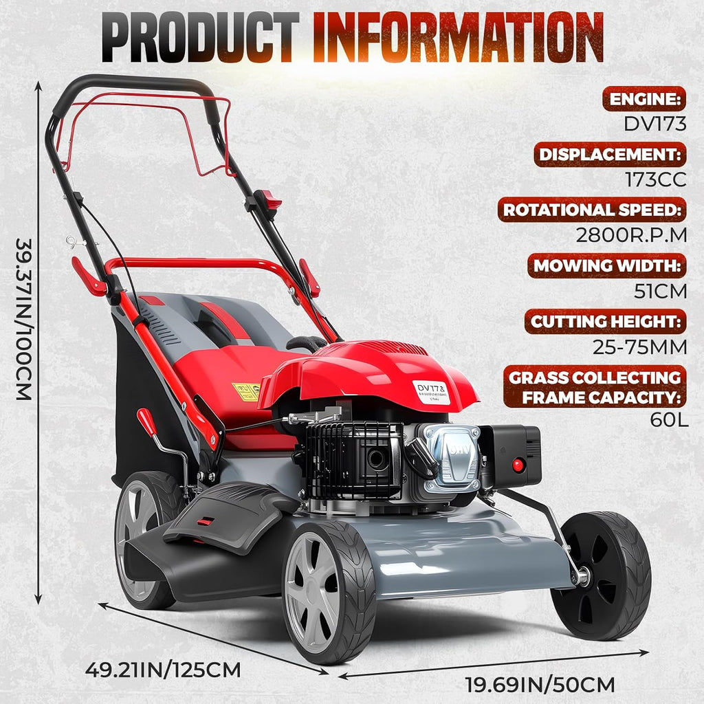 3 in 1 Gas Lawn Mower Self Propelled,173cc OHV Engine with Air Cooling, 20' Steel Deck,8-Level Height Adjustment, 60L Grass Catcher, Foldable Design for Yard Patio Lawn Red (US Fast Arrival