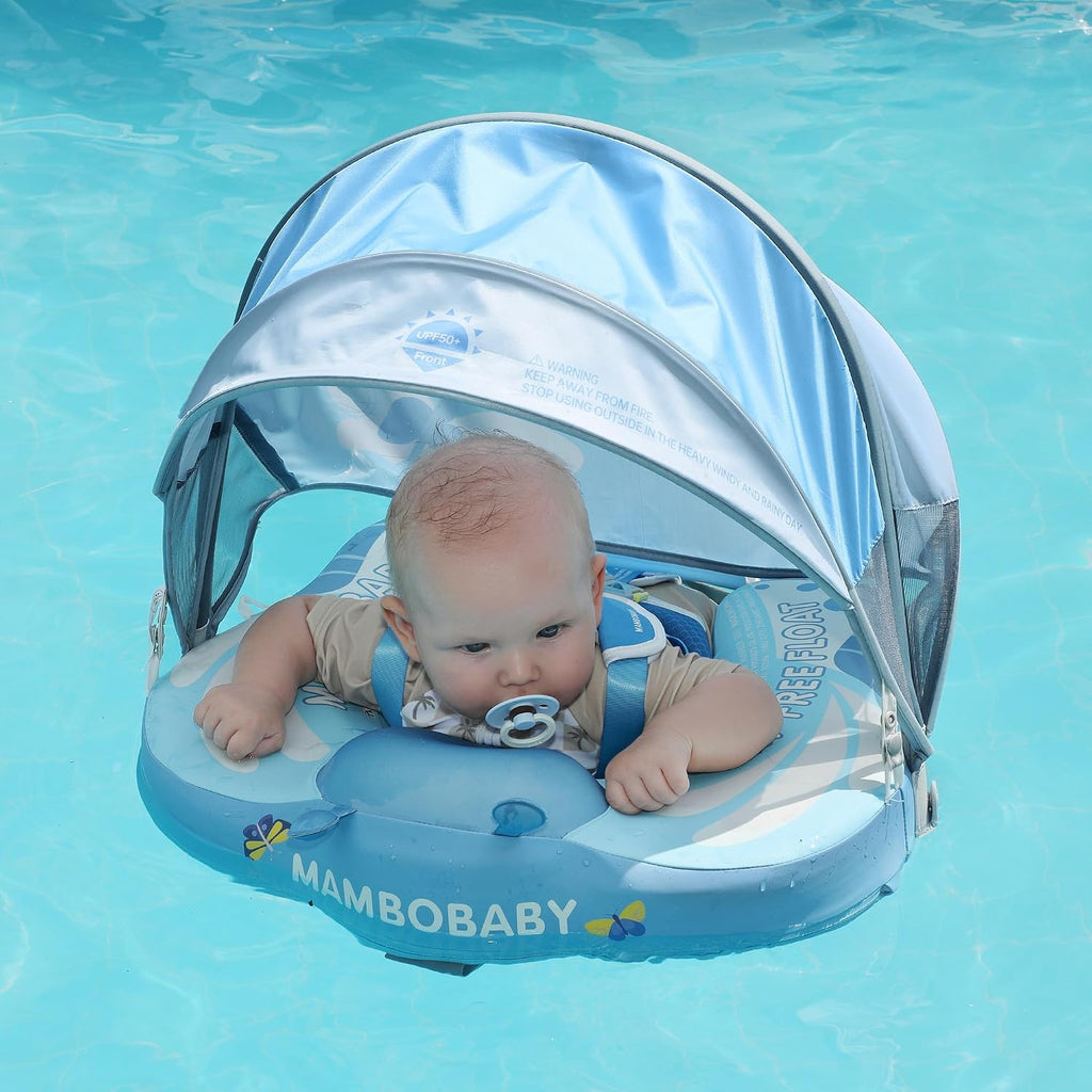 Mambobaby Float Upgrade Add Tail Baby Float with Canopy for Infant Waist Swimming Ring Swim Trainer Non-Inflatable Floats Toys with Adjustable Safety Strap (Blue - Butterfly)
