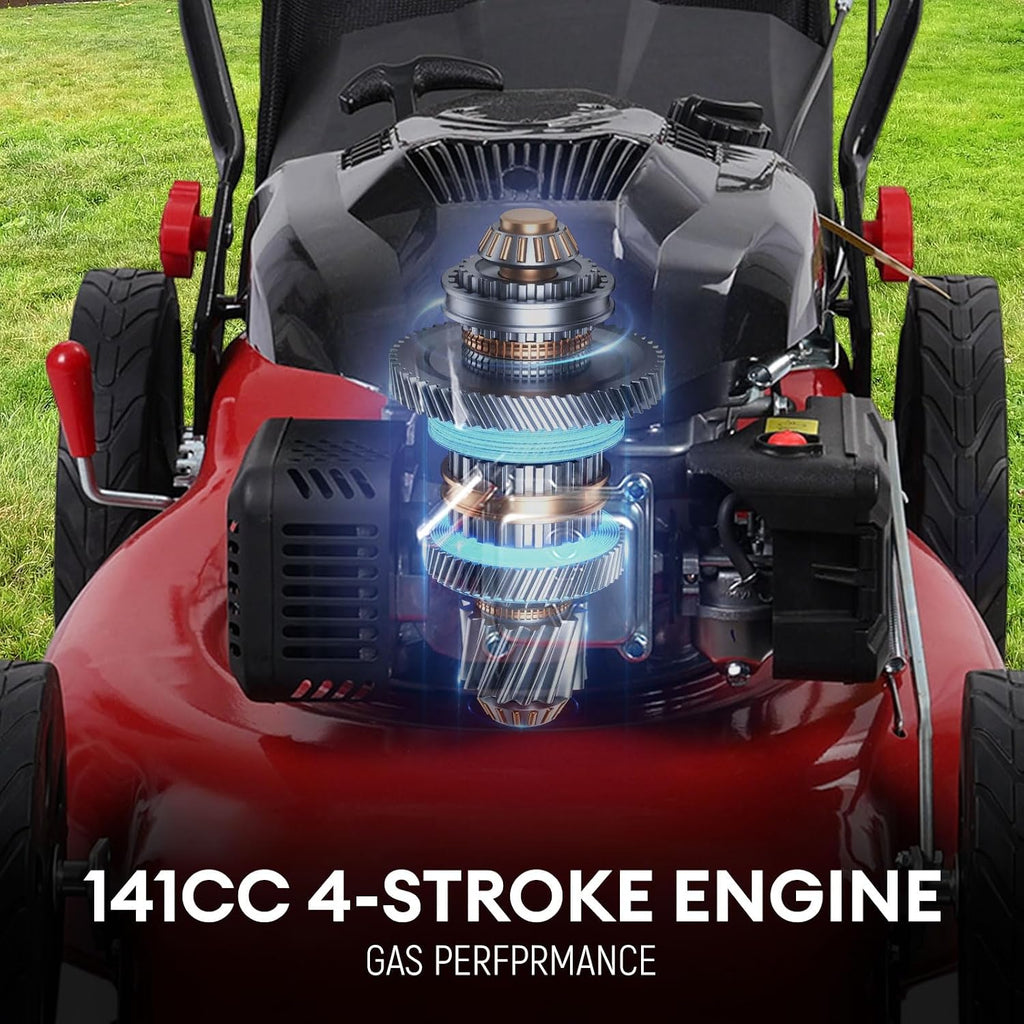 3 in 1 Gas Lawn Mower Self Propelled,141 OHV Engine with Air Cooling, 20' Steel Deck, 8-Level Height Adjustment, 50L Grass Tank, Foldable Design Red