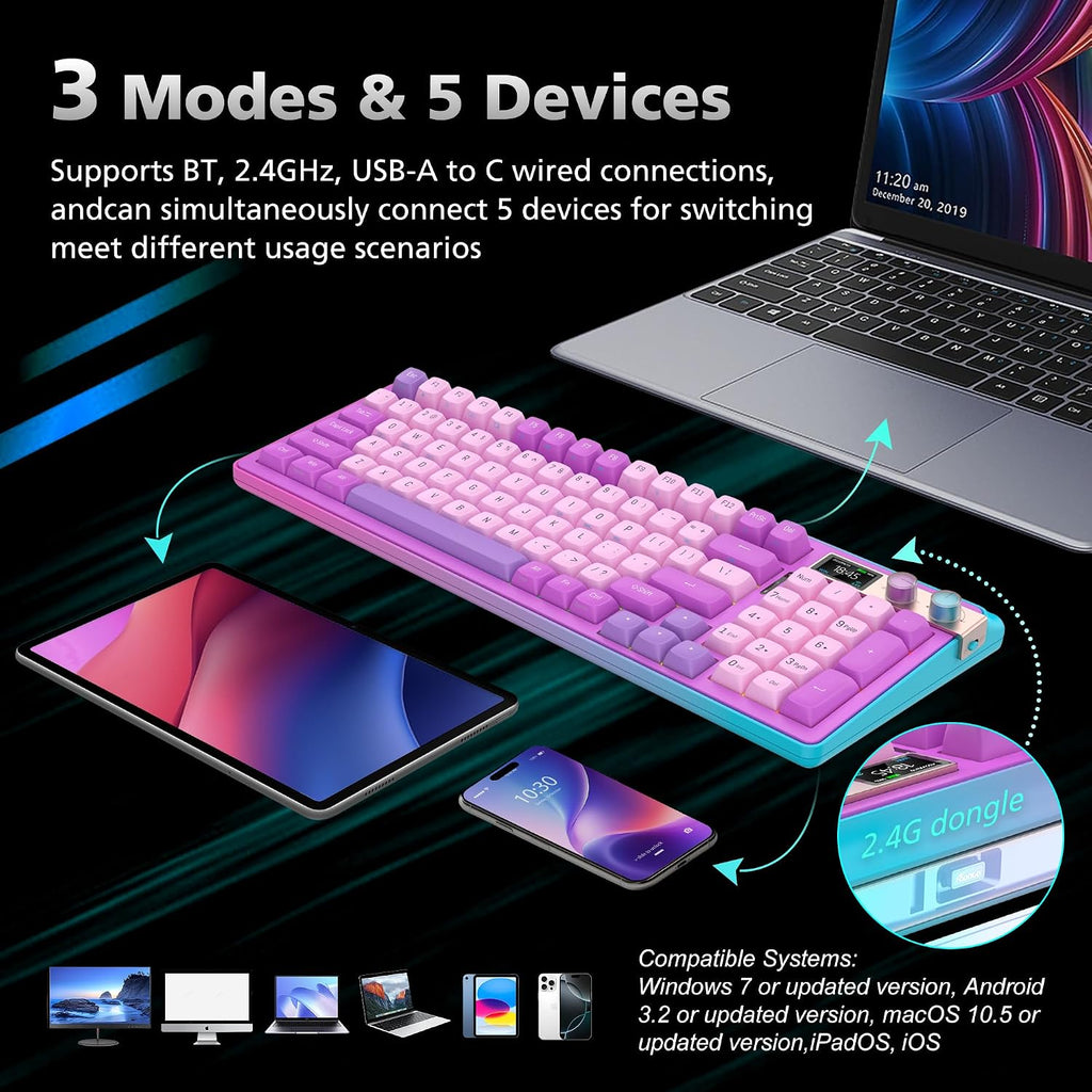 H98 Wireless Mechanical Keyboard,96-Key Hot-Swappable Wired Gaming Keyboard,Tri-Mode Bluetooth 5.0 2.4G USB-C,1.14' Color Screen,Double Knob,6000mAh,RGB,PBT Keycaps for PC Mac iPad-Purple