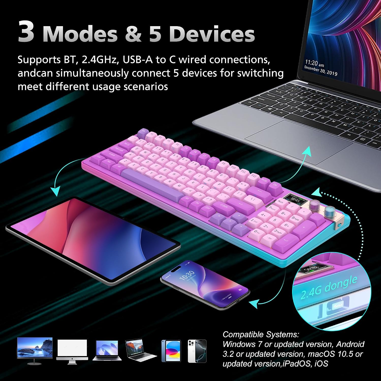H98 Wireless Mechanical Keyboard,96-Key Hot-Swappable Wired Gaming Keyboard,Tri-Mode Bluetooth 5.0 2.4G USB-C,1.14' Color Screen,Double Knob,6000mAh,RGB,PBT Keycaps for PC Mac iPad-Purple