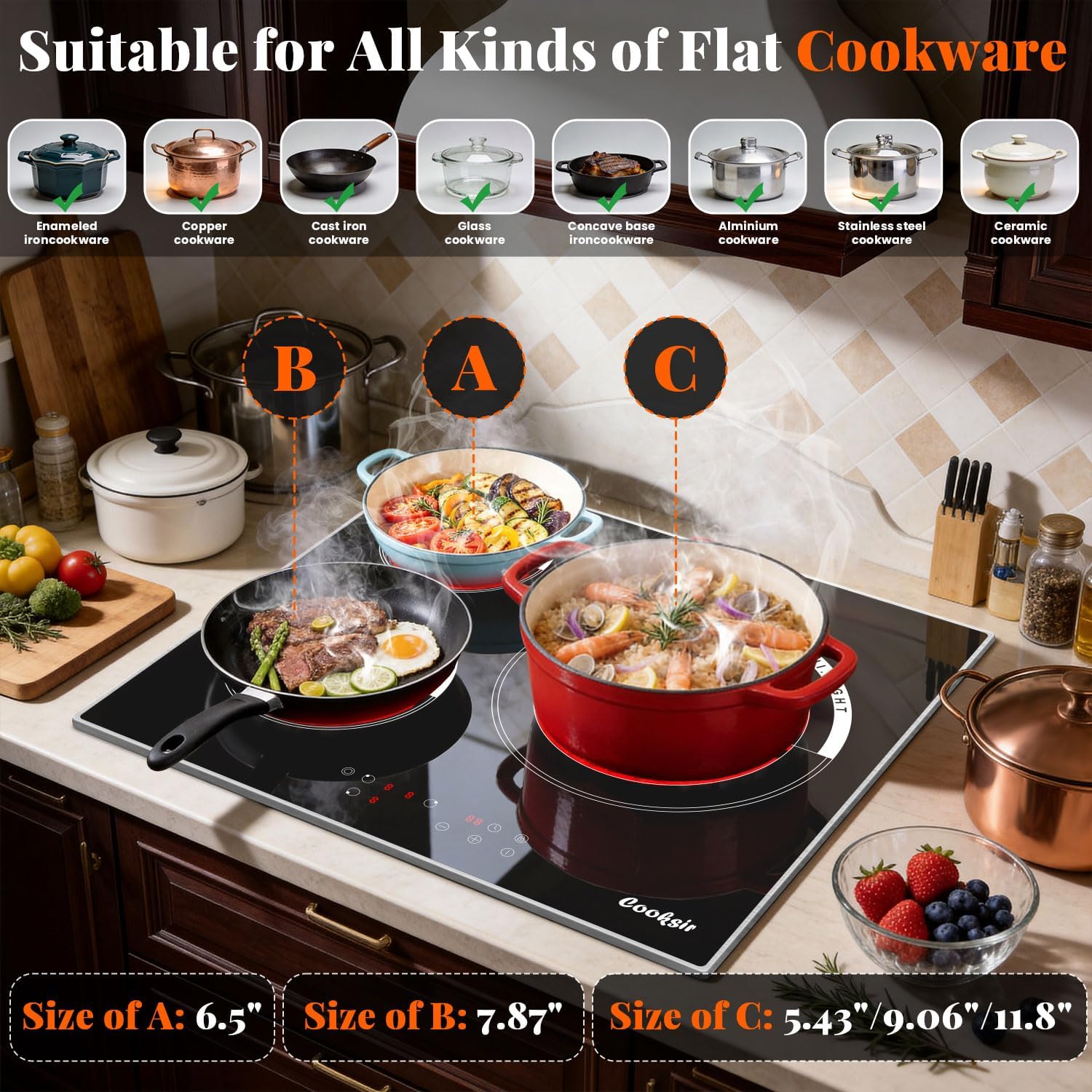 24 Inch Electric Cooktop, 3 Burner Built-in Ceramic Stove Top 220V-240V, 5700W Radiant Electric Cook Top with Touch Control, Timer, Safety Lock, 220V Hard Wired (No Plug)