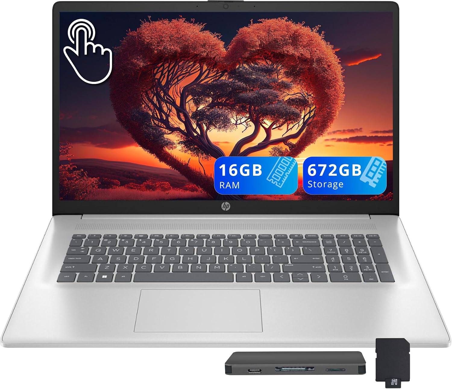 HP 17.3' HD+ Touchscreen Laptop, AMD Ryzen 5 7430U, 16GB RAM, 672GB Storage (512GB SSD+160GB Docking Station Set), AMD Radeon Graphics, Numeric Keypad, Wi-Fi 6, HD Webcam, Windows 11 Home, Silver