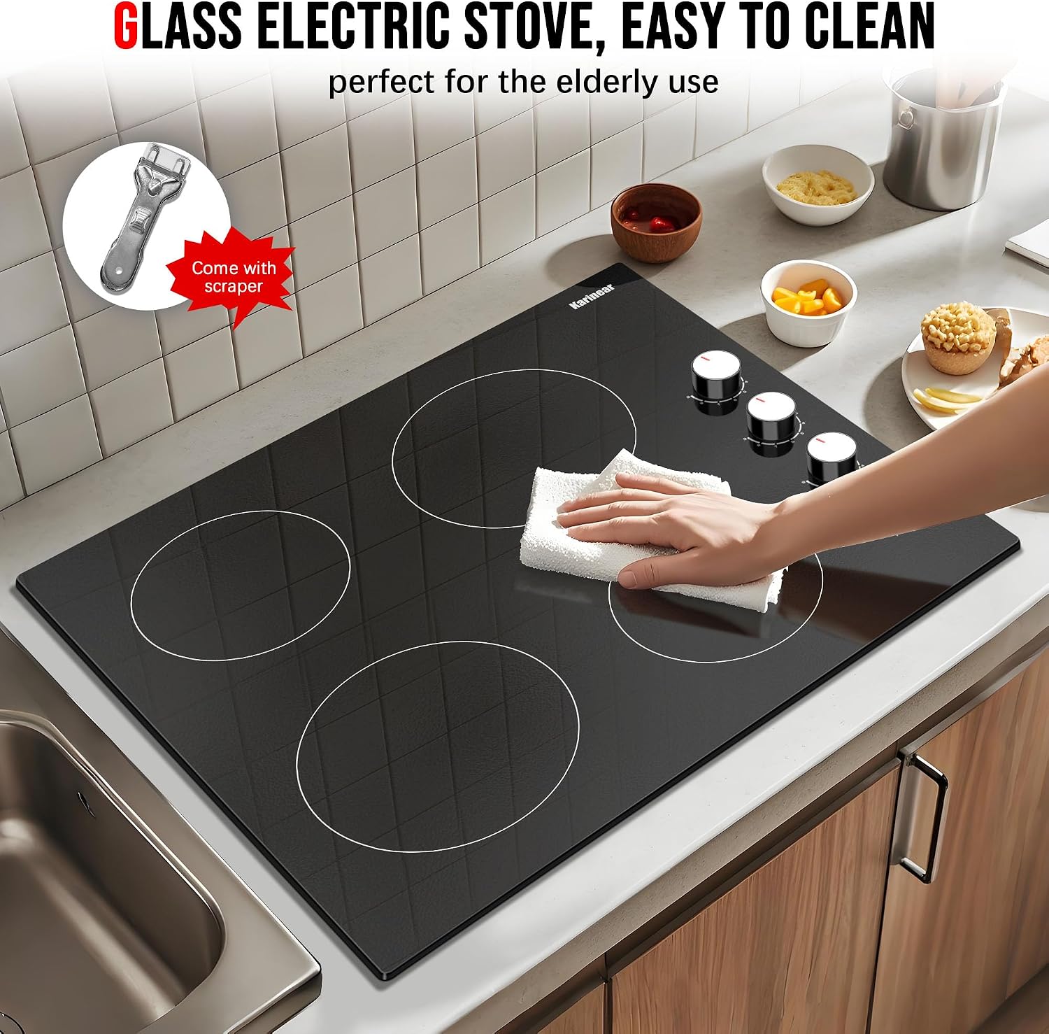 Karinear 24 Inch Electric Cooktop 4 Burners Electric Stove, Knob Control,6000W, Built-in Radiant Hob,Residual Heat Indicator, Overheat Protection,Hardwired 220V Radiant Ceramic Stove (White Knob)