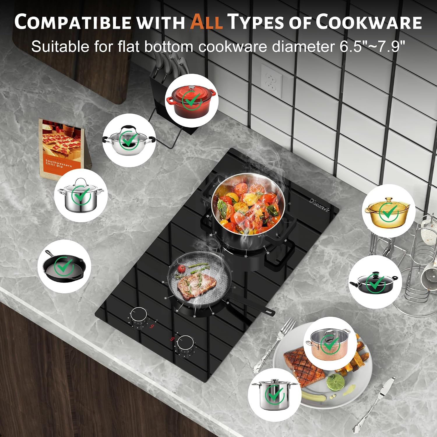 2 Burner Electric Cooktop - 12 Inch Electric Stove Built-in & Countertop, 120V Portable Two Burners Electrical Stovetop with Knob Control, Over Heat Protection, 9 Power Level, 110V Plug in