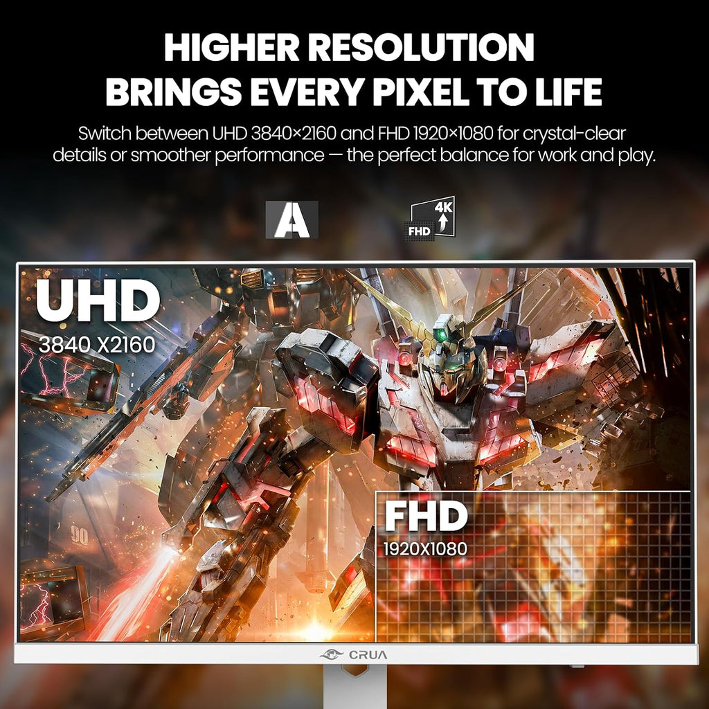 CRUA 27'' 4K Gaming Monitor, UHD 160Hz / FHD 320Hz Dual Mode IPS White Computer Monitors, Rotating/Pivot & Height-Adjustable, AMD FreeSync, Built-in Speakers, PIP/PBP, HDMI 2.1 & DP 1.4