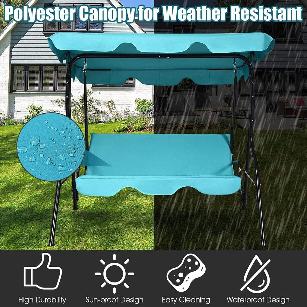 3-Seater Canopy Swing Chair, Waterproof Outdoor Swing Cushioned Seat with Adjustable & Removable Canopy, Steel Frame Polyester Fabric Oxford Cloth Patio Hammock Cover Top (Turquoise)