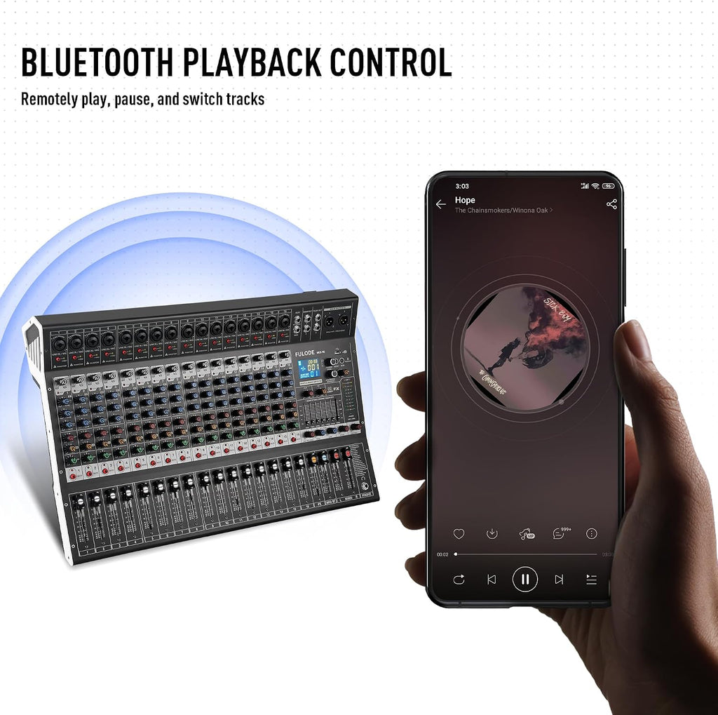 16-Channel Audio Mixer with 99 DSP, Professional Audio Console Digital Sound Music Mixing Board DJ Mixer w/USB Input Bluetooth MP3 48V Power Supply Mute Function for Studio Live Performance