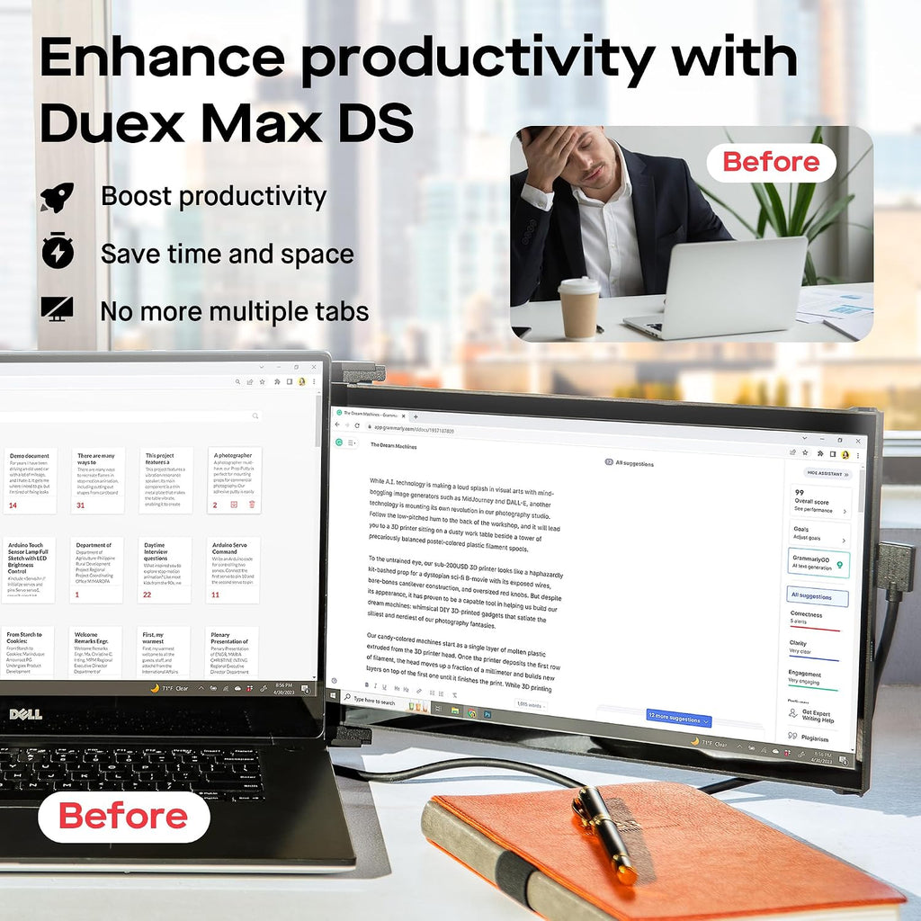 Mobile Pixels New Duex Max DS 14.1'' FHD 1080p Laptop Screen Extender, USB Type-C/HDMI Ports, Portable Monitor for 14'' to 17 Inch Laptops, Compatible with macOS/Windows/Apple/Android/Switch(Black)