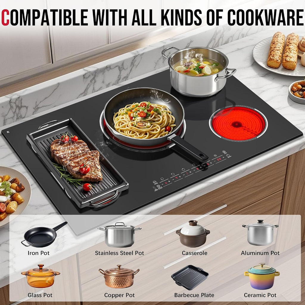 5 Burner Electric Cooktop, 36 Inch Electric Stovetop 9600W, Built-in Ceramic Hob with BBQ Burner, Touch Control, Child Safety Lock, Timer, Pause, 220-240V, Hard Wire, No Plug