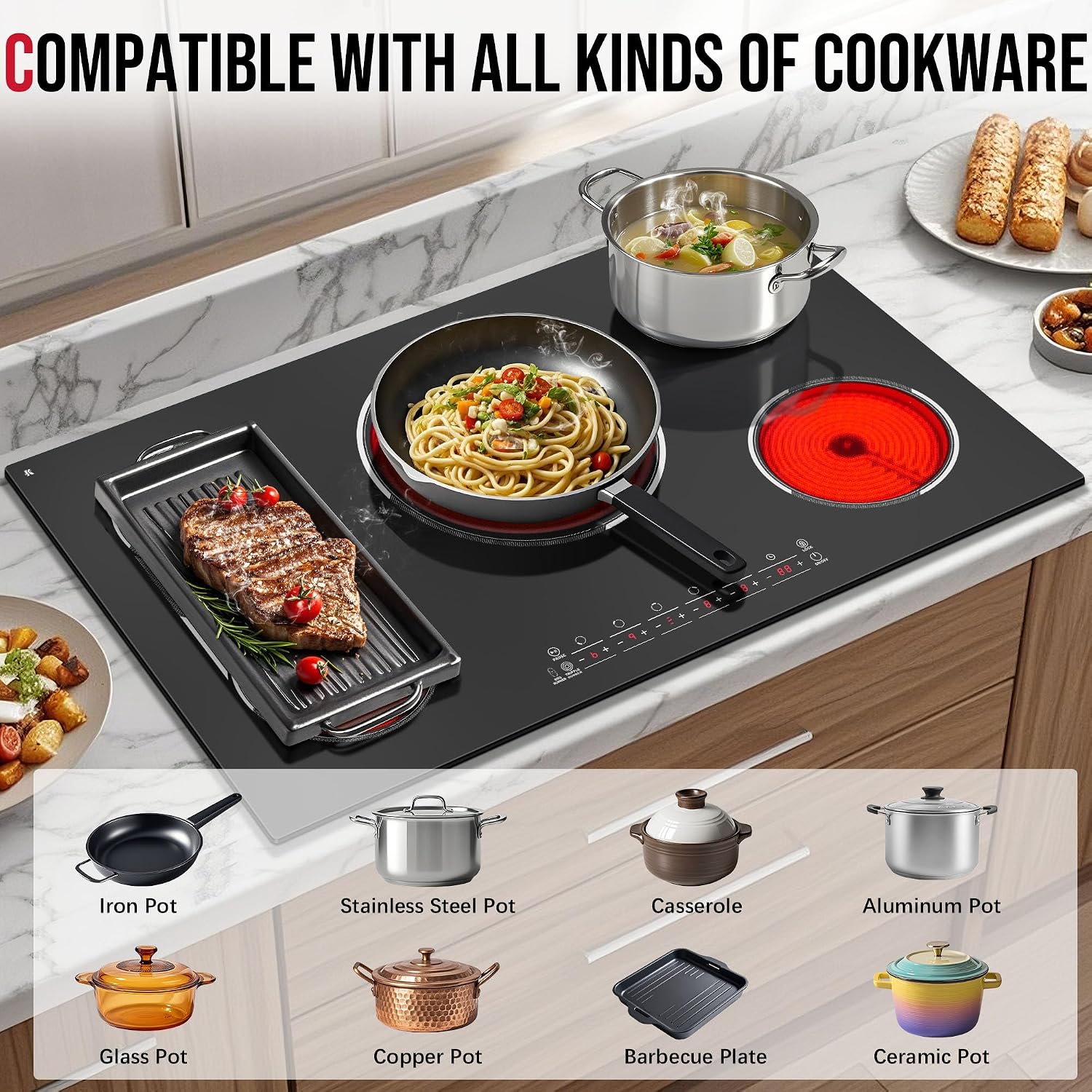 5 Burner Electric Cooktop, 36 Inch Electric Stovetop 9600W, Built-in Ceramic Hob with BBQ Burner, Touch Control, Child Safety Lock, Timer, Pause, 220-240V, Hard Wire, No Plug