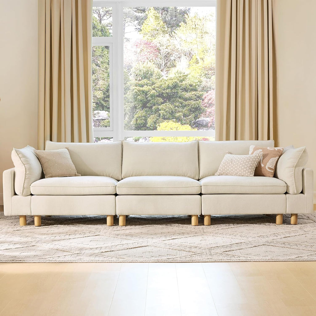 CHITA 127' Super Large Sectional Couches for Living Room, Modular Cloud Couch Sectional Sofa, Premium Fabric Couches, Down Filled, High Density Foam, Chenille in Cream, 3 Seater