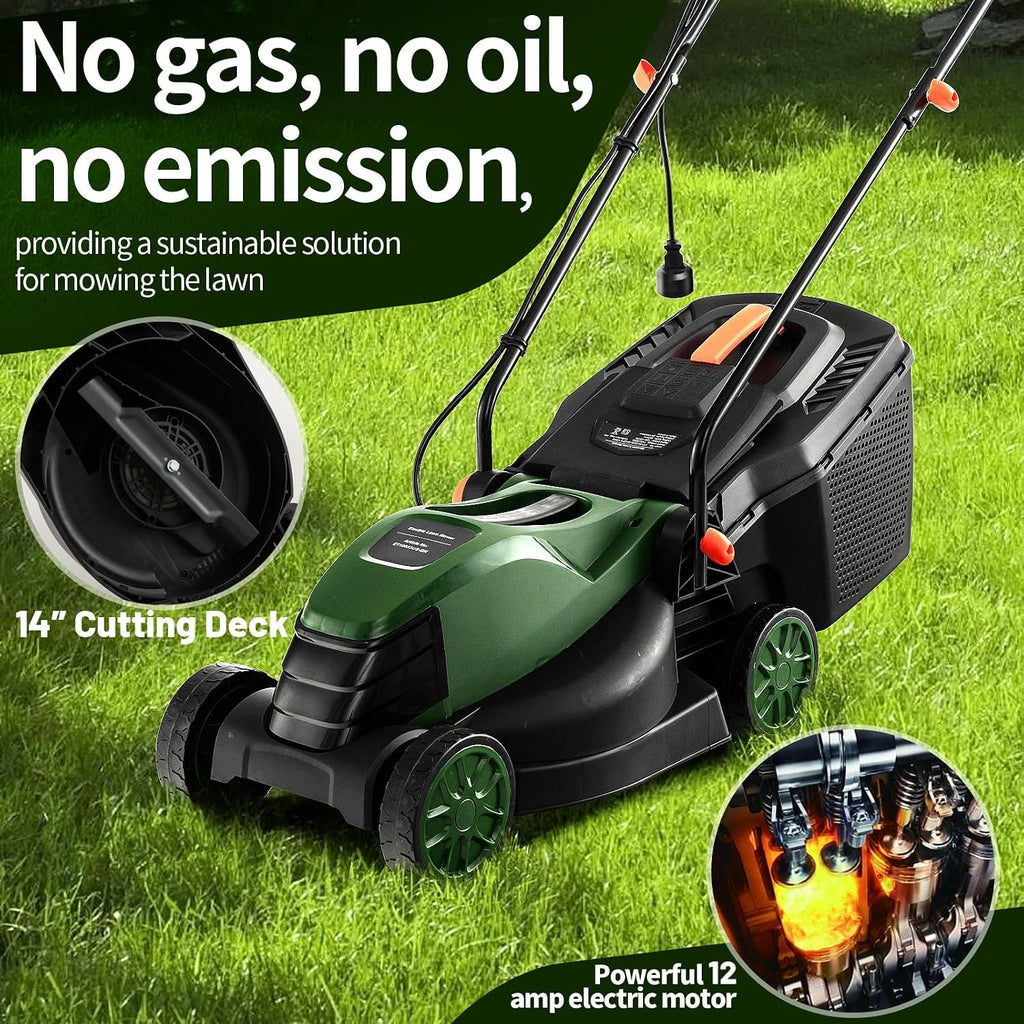 Goplus Lawn Mower, Electric Lawn Mowers with Grass Collection Box, 12 AMP Motor, 14' Cutting Deck, 3 Adjustable Cutting Positions, Walk-Behind Small Corded Lawnmower for Garden Farm Yard