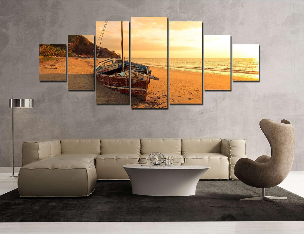 Startonight Huge Canvas Wall Art Boat On The Beach At Sunrise - Large Framed Set of 7 40' x 95'