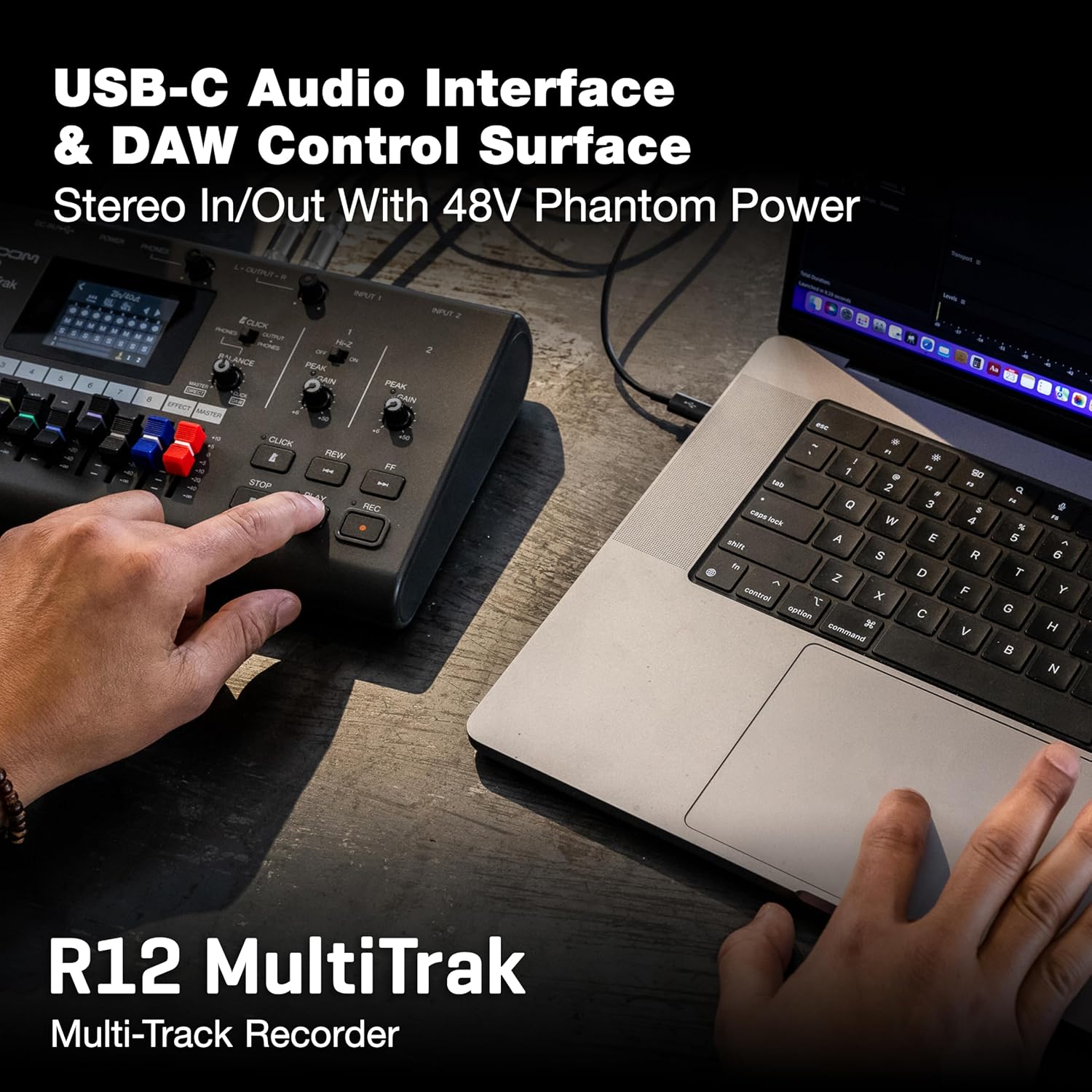 Zoom R12 Multi-Track Portable Recorder for Musicians, with 2 XLR/TRS Combo Inputs, 8 Tracks, Touchscreen, Onboard Editing, Effects, Drum Loops, Battery Powered, USB Audio Interface