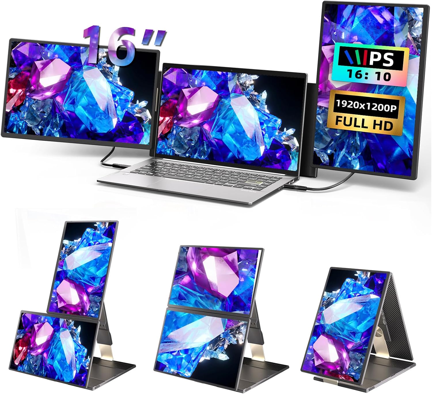 Laptop Screen Extender 16 inch - Triple Laptop Monitor Extender Detachable FHD 1920x1200P IPS 235° Rotation Extra Portable Monitor Compatible with 13'-17' Mac Wins Dex Chrome