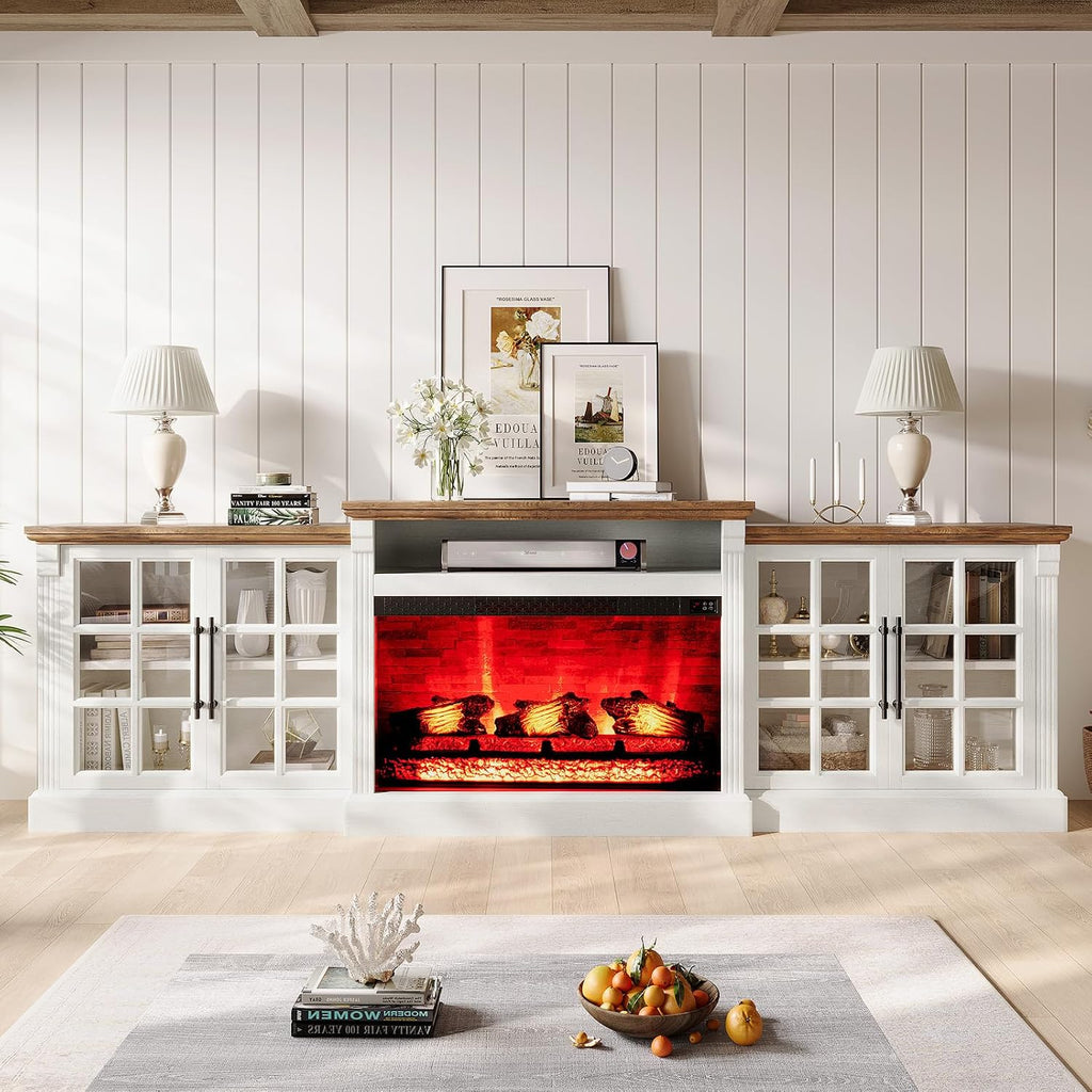 LUXOAK 97' Farmhouse TV Stand with 33' Fireplace for TVs up to 100', Media Entertainment Center with Large Storage Cabinet Adjustable Shelves for Living Room, White/Barnwood