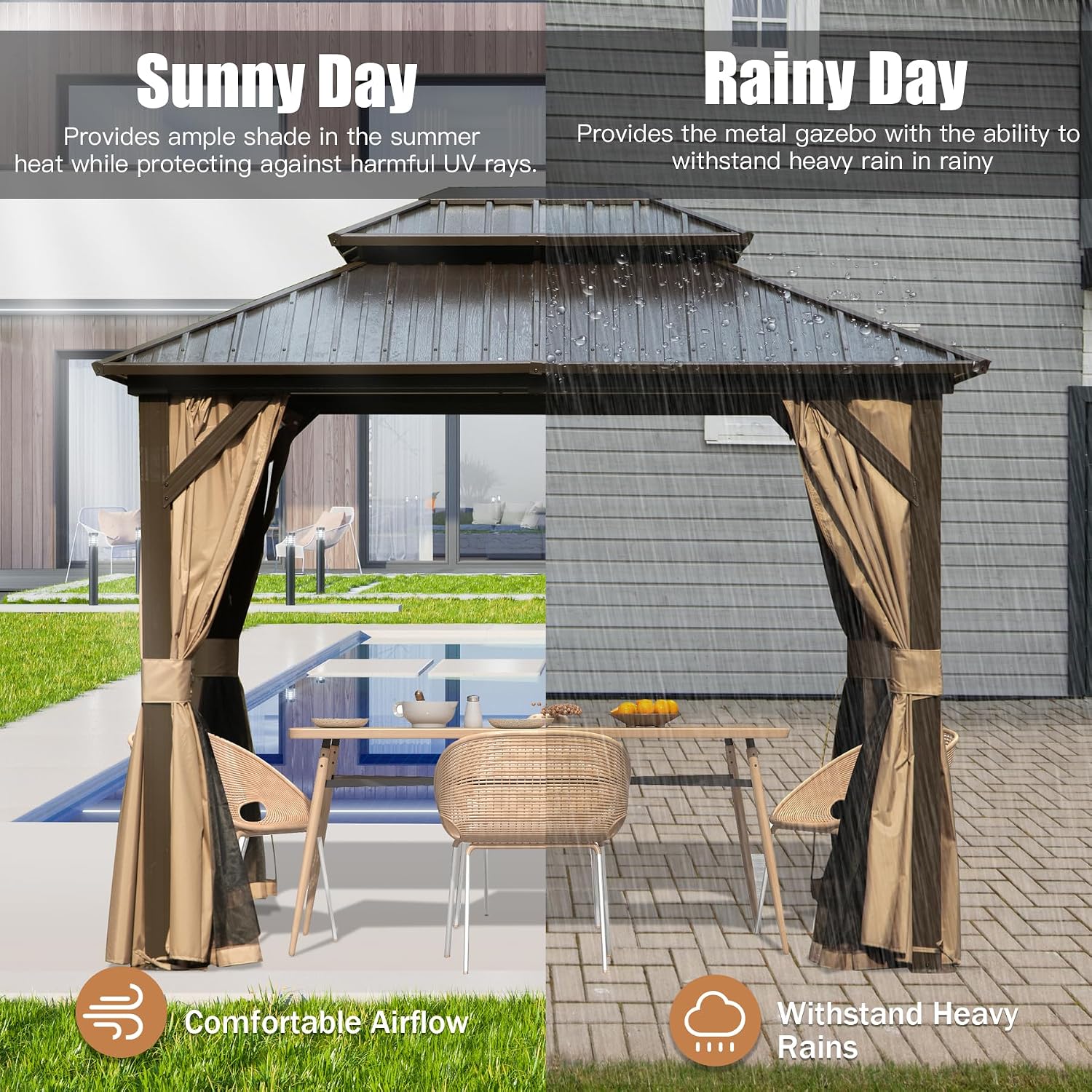 Domi 8' x 10' Hardtop Gazebo, Outdoor Metal Gazebo for Patios with Galvanized Steel Double Roof, Heavy Duty Curtains and Netting Included, Permanent Pergola for Backyard, Garden Lawn, Brown
