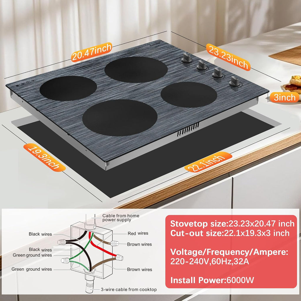 Karinear Electric Cooktop 24 Inch, 4 Burners Electric Stove Knob Control, Built-in Ceramic Cooktop with Beautiful Woodgrain Pattern Glass Surface, 6000W, 220-240v Hard Wired(No Plug)