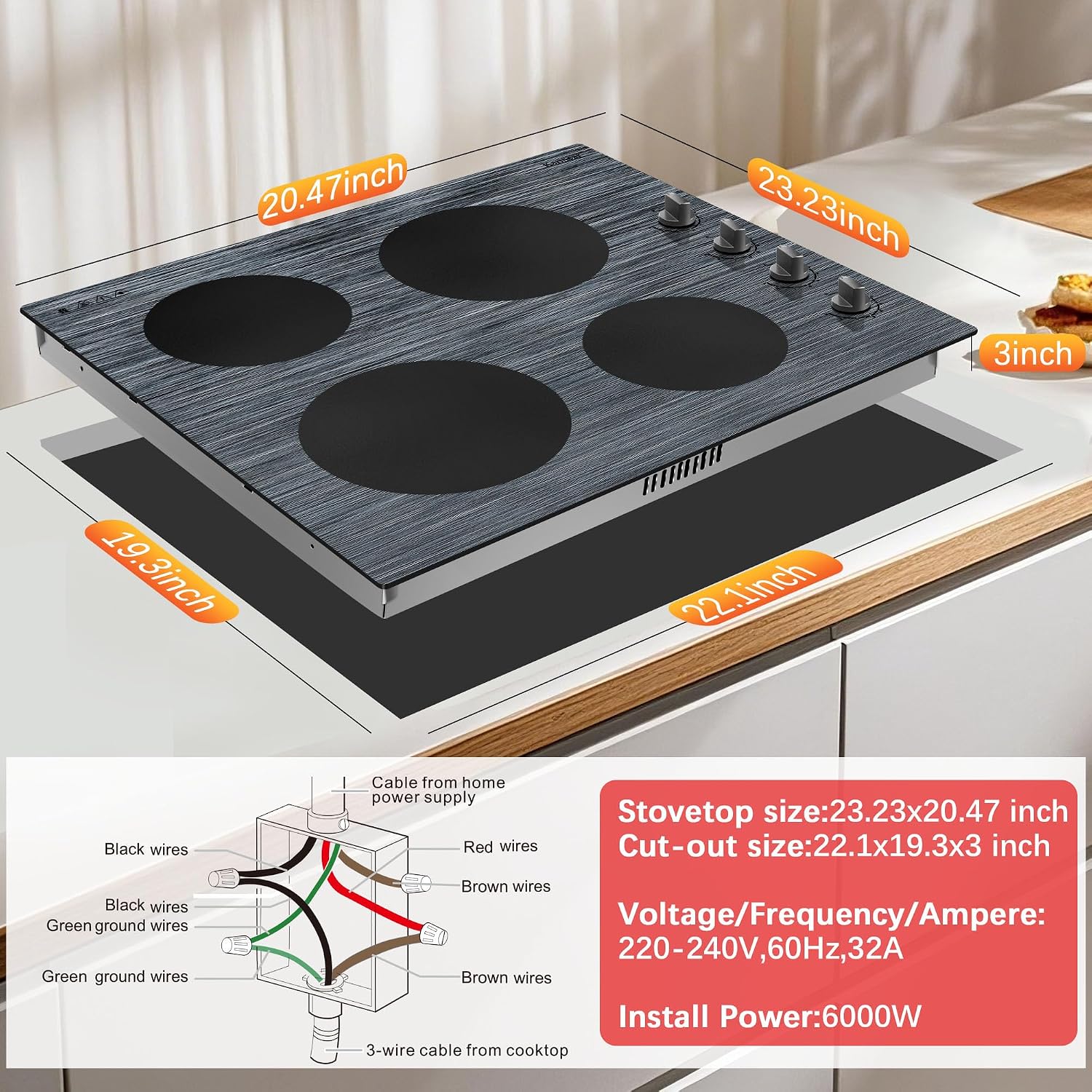 Karinear Electric Cooktop 24 Inch, 4 Burners Electric Stove Knob Control, Built-in Ceramic Cooktop with Beautiful Woodgrain Pattern Glass Surface, 6000W, 220-240v Hard Wired(No Plug)