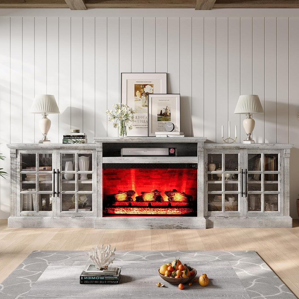 LUXOAK 97' Farmhouse TV Stand with 33' Fireplace for TVs up to 100', Media Entertainment Center with Large Storage Cabinet and Adjustable Shelves for Living Room, Light Grey