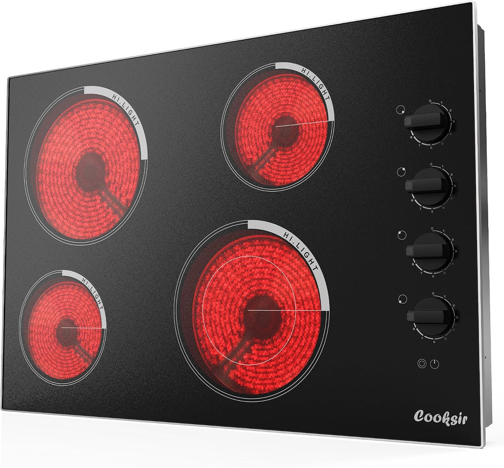 Electric Cooktop 30 Inch - 4 Burner Built-in(29.13'x19.3') Electrical Stovetop 7400W, 30 In Radiant Electric Stove with Glass Protection Metal Frame, Auto Shut Off, 220-240V Hard Wired