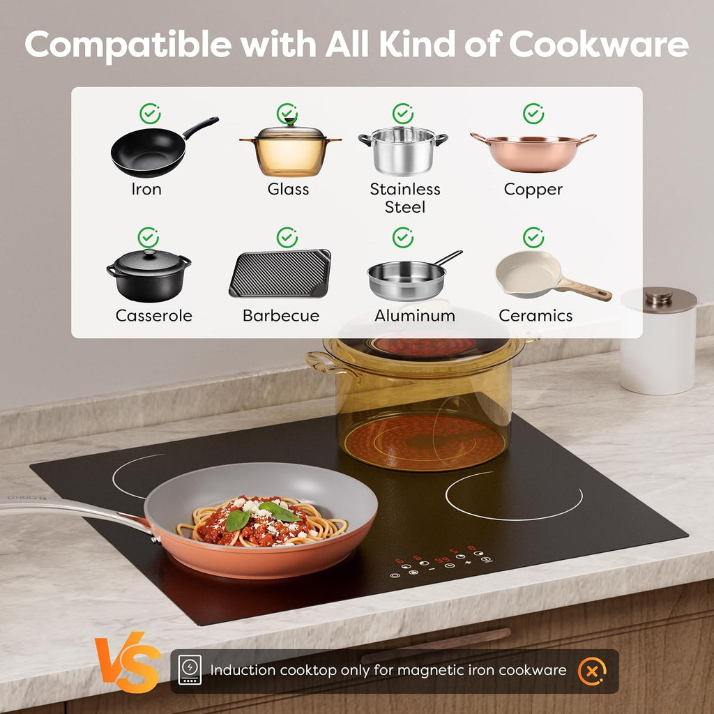 CDV 4 Burner Electric Cooktop 24 Inch, 6600W Built-in Ceramic Electric Stove Top, 220-240v Radiant Cooktop with Child Lock, Touch Control, Multiple Safety Protection, Hard Wire (No Plug)