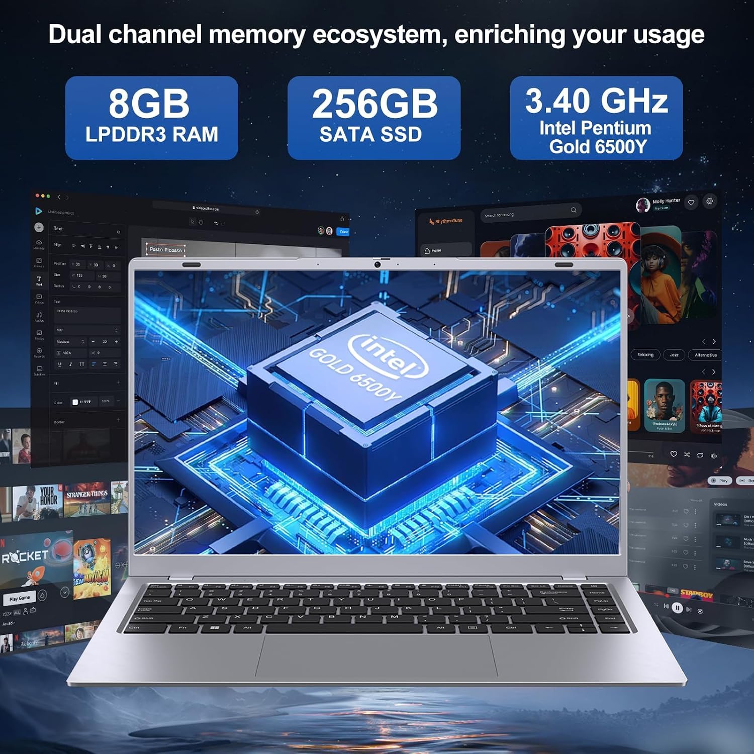 2026 Silver Laptop, Pentium Gold 6500Y Processor(Up to 3.4 GHz),8GB RAM 256GB SSD,14 Inch FHD IPS Display, 5000mAh Battery,Type-C