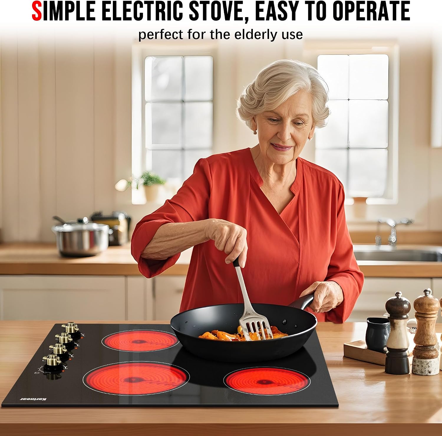 Karinear 4 Burner Electric Cooktop 24 Inch, Built-in Stove Top, 220-240v Radiant Cooktop with Knob Control, Residual Heat Indicator, Over-Temperature Protection, Hard Wire, Gold Knob