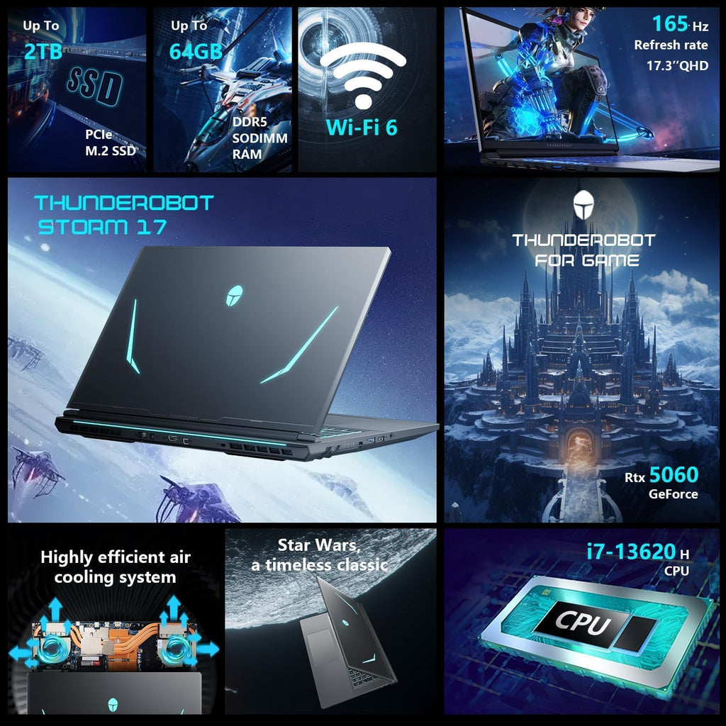 Thunderobot Storm 17 5060 17 inch Gaming Laptop, 17.3' QHD 165Hz 2K Display, Core i7-13620H, GeForce RTX 5060, 16GB DDR5 RAM, 1TB SSD, HDMI, Type-C, RGB Backlit Keyboard, Wi-Fi 6, Win 11 Home