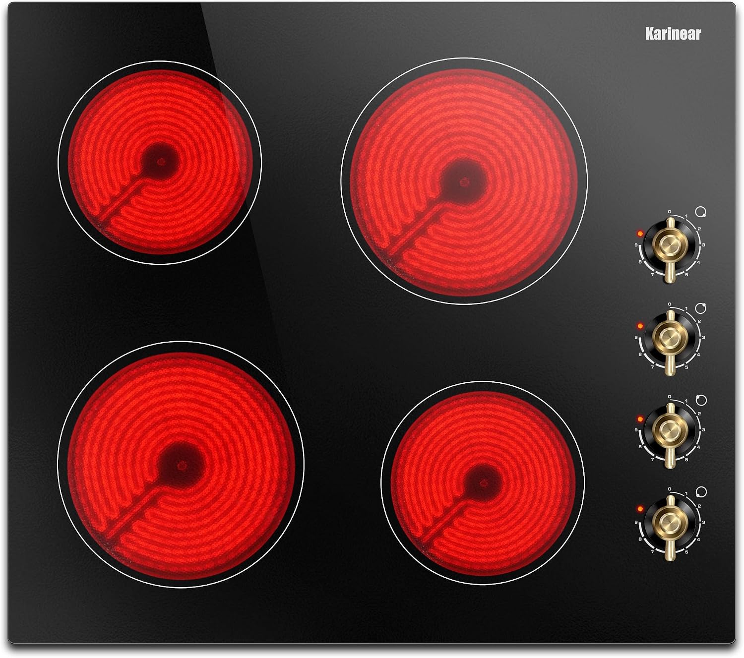 Karinear 4 Burner Electric Cooktop 24 Inch, Built-in Stove Top, 220-240v Radiant Cooktop with Knob Control, Residual Heat Indicator, Over-Temperature Protection, Hard Wire, Gold Knob