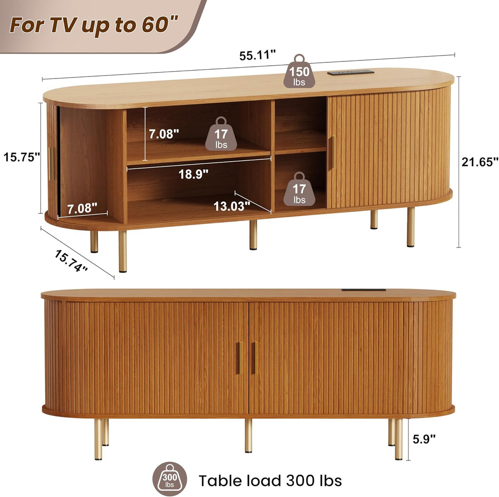 DHH 55 Inch Mid Century Modern TV Stand with Power Outlet for TVs up to 60 Inch, Entertainment Center with Storage and Adjustable Shelves, Media Console with Sliding Doors for Living Room(Yellow)