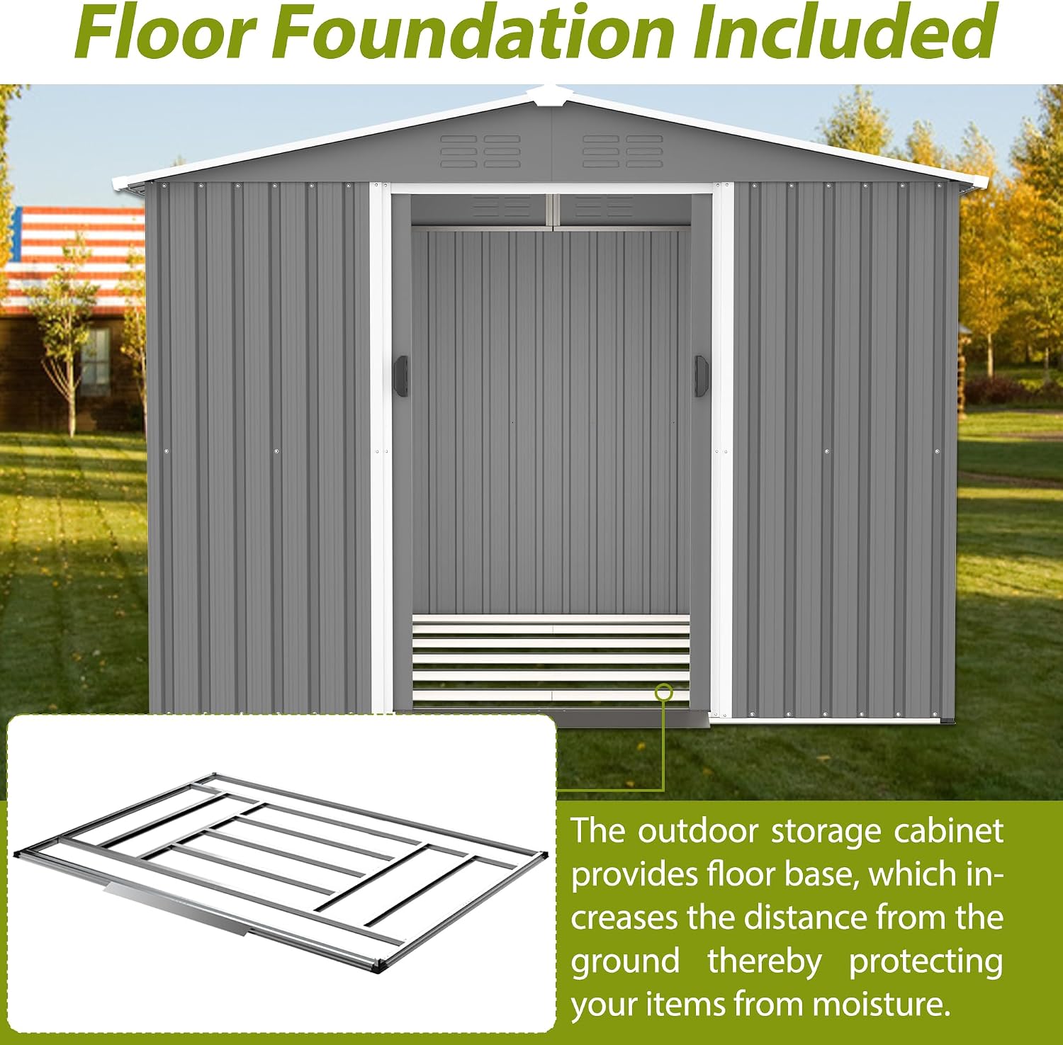 KEIKI Storage Shed 8x6 FT, Large Metal Tool Shed for Outdoor Storage, Galvanized Steel Garden Shed with Floor & Lockable Sliding Doors for Patio, Backyard, Lawn, Grey