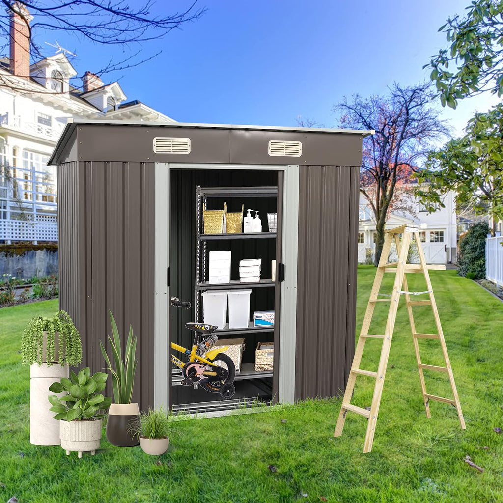 6x4 FT Outdoor Storage Shed, Metal Garden Shed with Frame Floor, Outside Tool Shed with Lockable Sliding Door, Waterproof Storage Building with Sloped Roof & Air Vents for Backyard, Patio, Warm Gray
