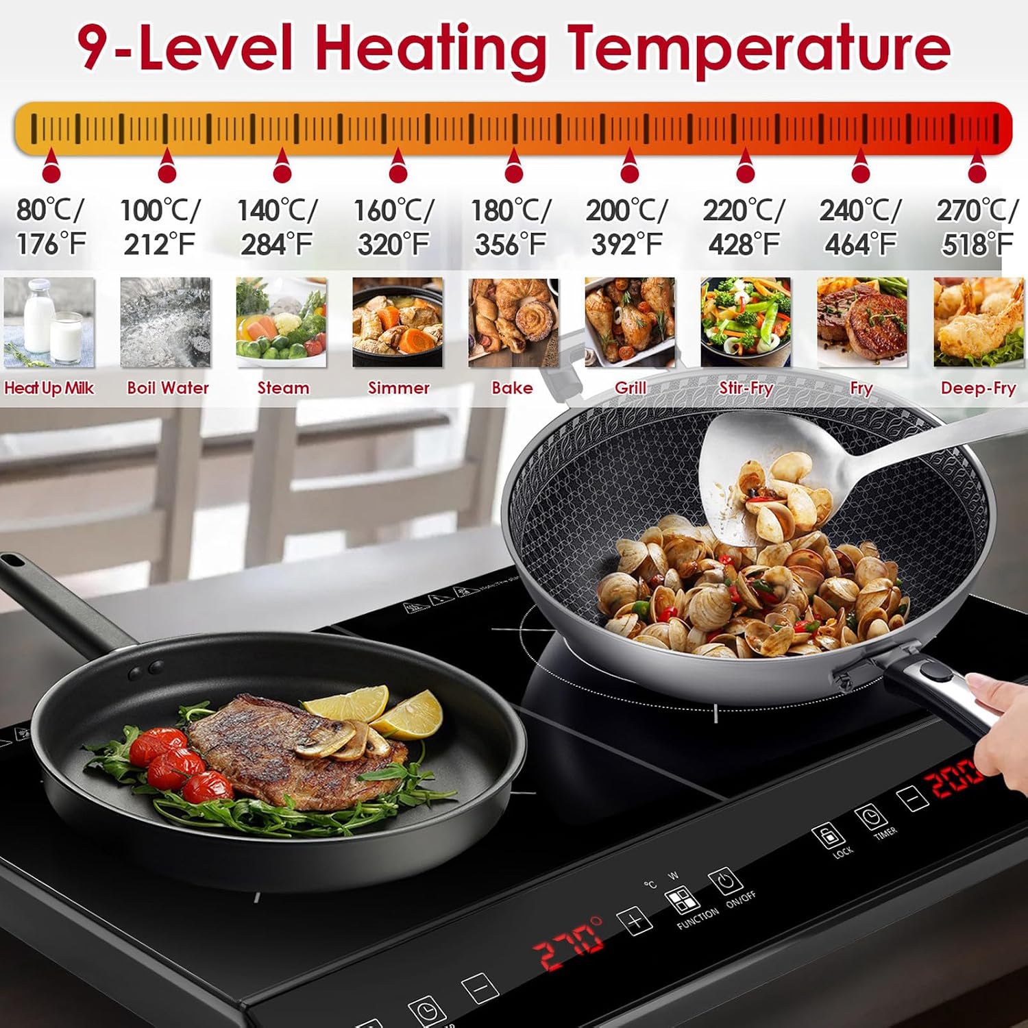 Double Induction Cooktop, 4000W Hot Plate Electric Stove for Countertop Portable 2 Burner Induction Cooktop with 9 Levels Settings, Child Safety Lock & Timer