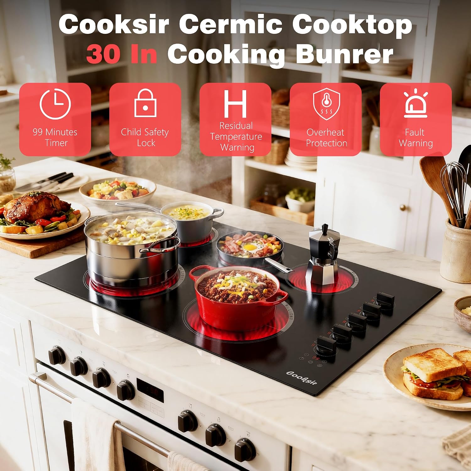 Upgraded 30 Inch Electric Cooktop 5 Burners - Powerful 8600W Built-in(29.13'x19.3') Electrical Stovetop, Electric Burner 30 In Knob Control, 99 MinsTimer, Safety Lock, 220-240V Hard Wire