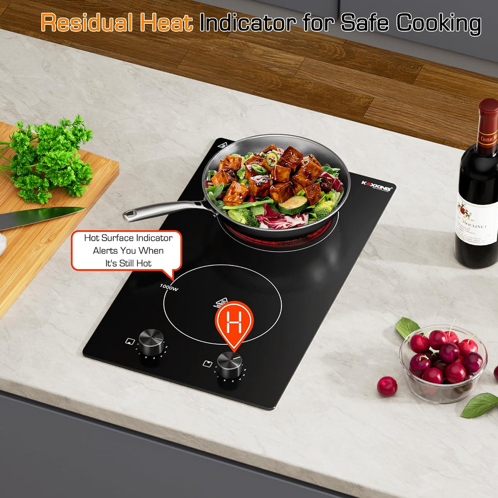 12 Inch 2 Burner Electric Cooktop, 1600W Ceramic Electric Stove Top, 110-120V Plug-in Radiant Countertop & Built-in Cooktop, 11 Heat Levels, Knob Control, Residual Heat Indicator