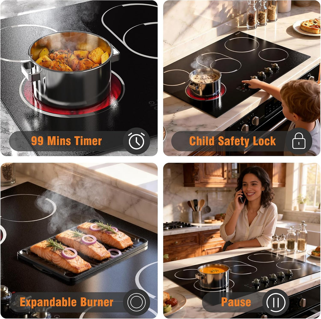 Electric Cooktop 30 Inch - 8400W High Power 5 Burners Electric Stovetop, Built-in 30 Inches Ceramic Burner Knob and Touch, Timer, Safety Lock, Expandable Ring, 220-240V Hard Wired (No Plug)