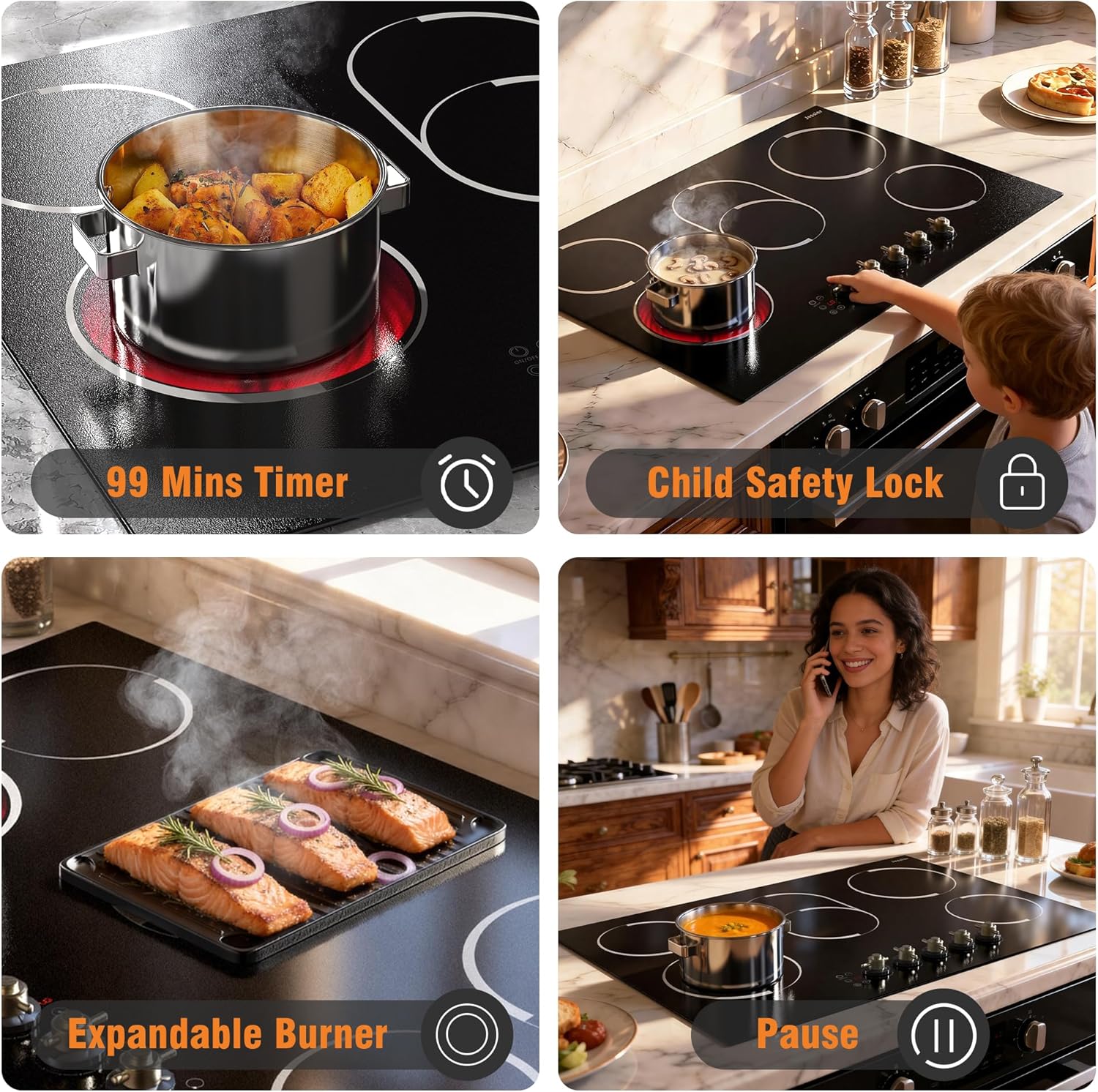 Electric Cooktop 30 Inch - 8400W High Power 5 Burners Electric Stovetop, Built-in 30 Inches Ceramic Burner Knob and Touch, Timer, Safety Lock, Expandable Ring, 220-240V Hard Wired (No Plug)