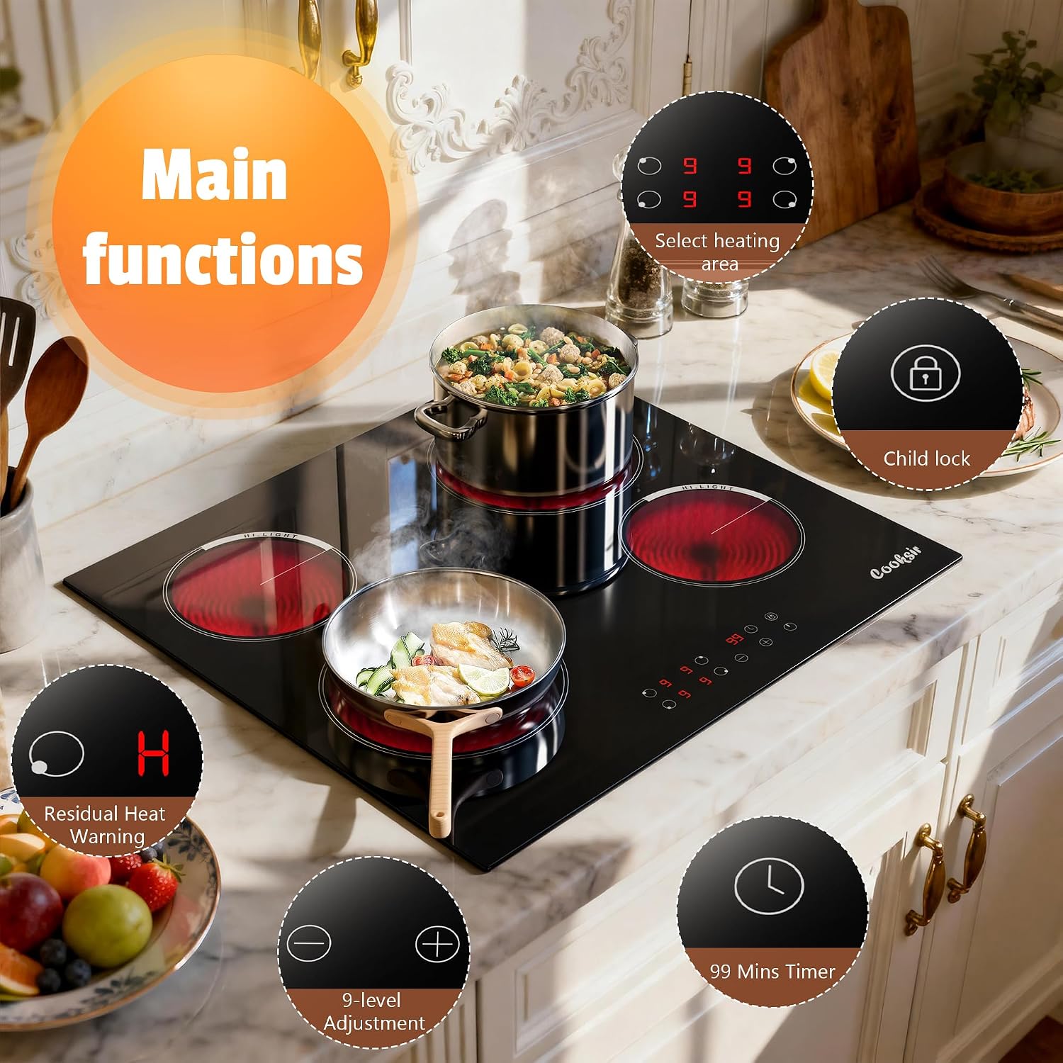 Electric Cooktop 24 Inch, 4 Burner Electric Stove Top Drop-in(22.05'x19.3') 220V-240V, 24 Inch large Ceramic Stovetop with Ceramic Glass, Timer, Kids Safety Lock, 220V Hard Wired (No Plug)