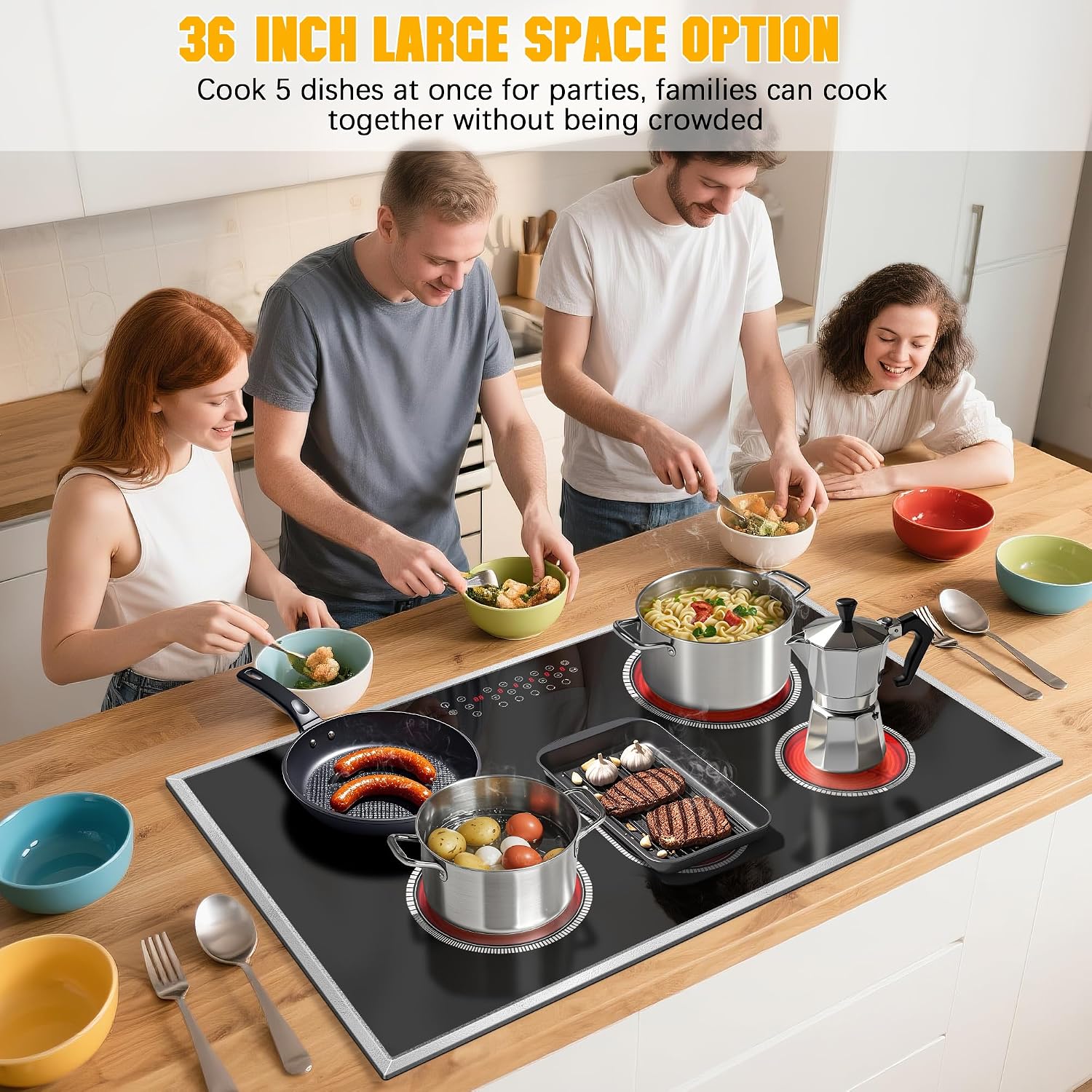 Electric Cooktop 36 Inch, 5 Burners Electric Stove Top Touch Control, 8400W Built-in Ceramic Stovetop 36' with Expandable Zone, Child Lock, Timer, Pause Control, 220-240v Hardwired (No Plug)