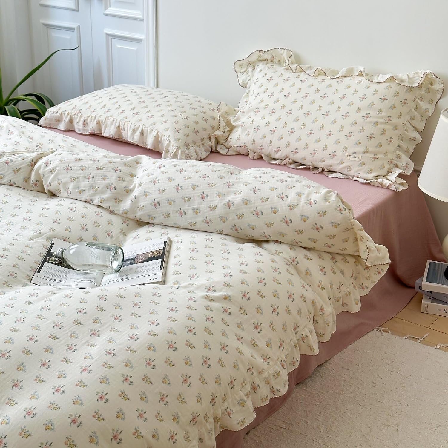 BuLuTu Azalea Floral Print Duvet Cover King Size, Chic Shabby Bedding Set 3 Pieces, Cotton Muslin Comforter Cover with Ruffles, Soft Lightweight Quilt Cover King, All Seasons