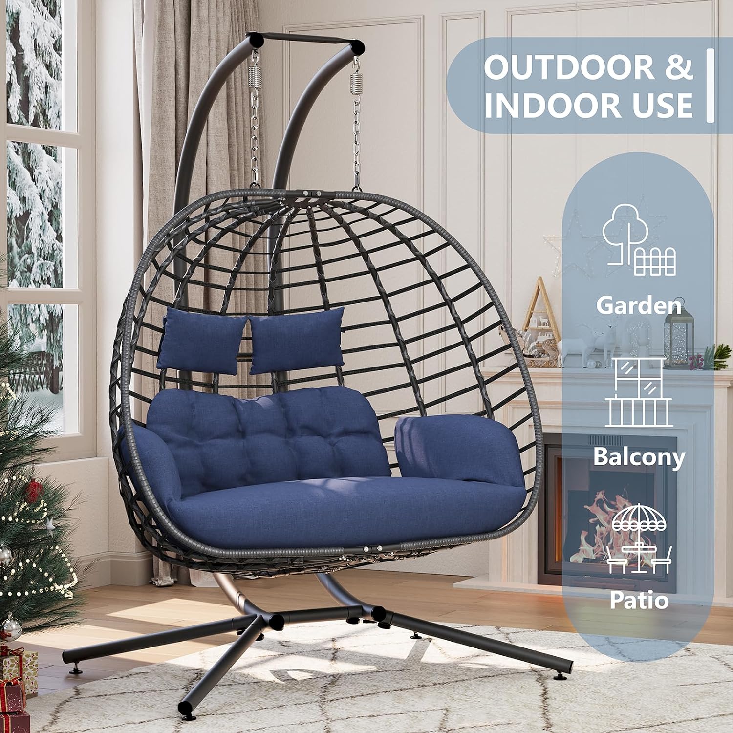 SWITTE Double Hanging Egg Chair with Stand, Outdoor Patio 2 Person Wicker Hammock Swing Chairs with Cushion for Indoor Bedroom, Lawn, Garden-Dark Blue