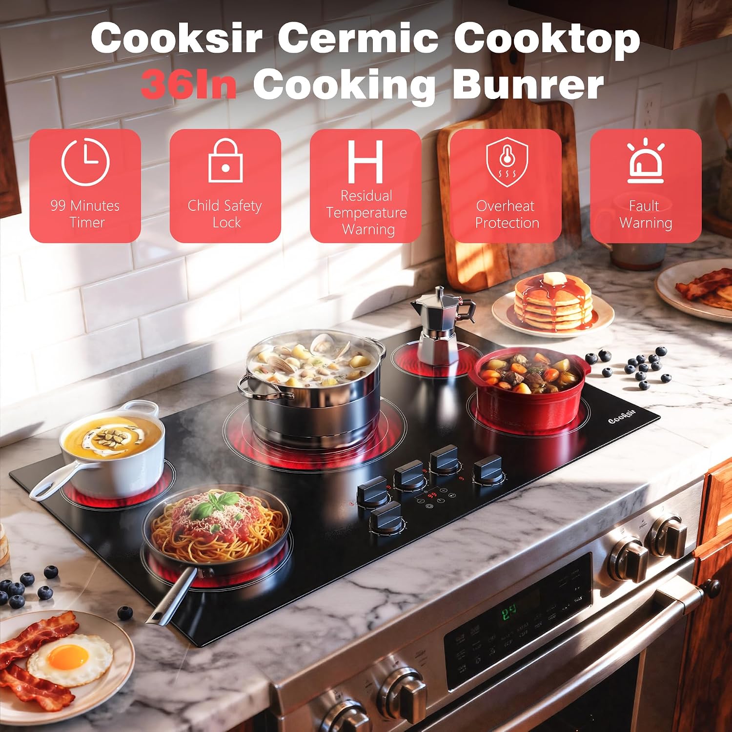 Upgraded 36 Inch Electric Cooktop 5 Burners - Powerful 9200W Built-in(34.25'x19.3') Electrical Stove, Electric Cook Top 30 In Knob Control, 99 Minutes Timer, Safety Lock, 220-240V Hard Wired