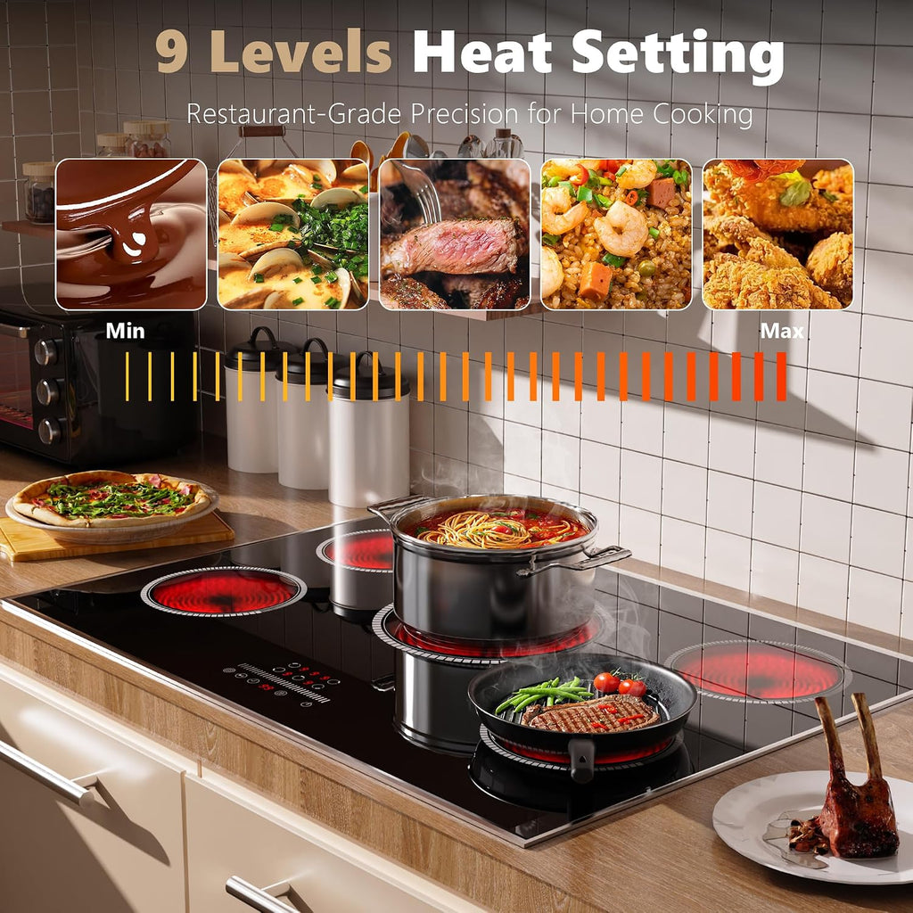 30 Inch Electric Cooktop, 5 Burner Electric Stove Top 6900W, 30' Built-In Ceramic Countertop with Metal Frame, Child Lock, Timer, Slide Control, 220-240V Hardwired (No Plug)